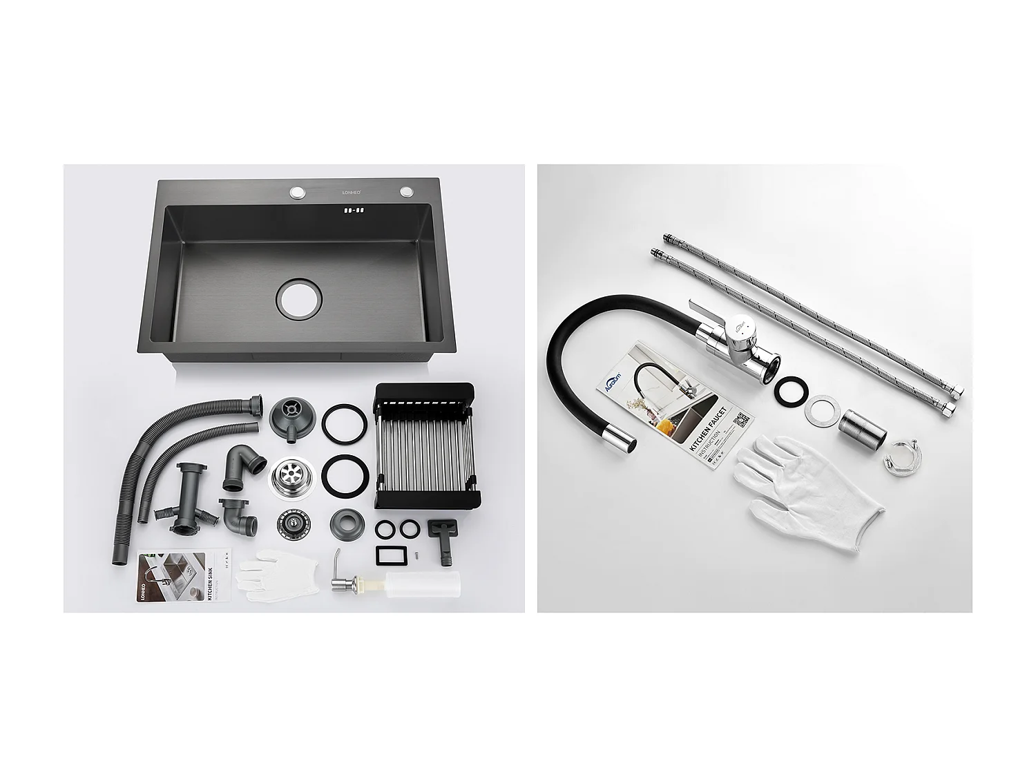 2 in 1 Lavello da Cucina Nero 68x45x19CM con Distrubutore di sapone e Scolapiatti cestino+RubinettoDi Cucina Flessibile Becco Alto Orientabile