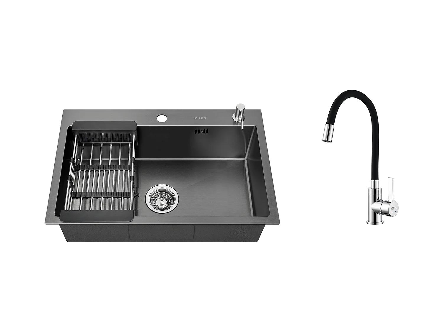 2 en 1 Évier de Cuisine Noir 68x45x19CM avec Distrubuteur de savon et Égouttoir panier+Robinet de Cuisine Flexible Bec Haut Orientable