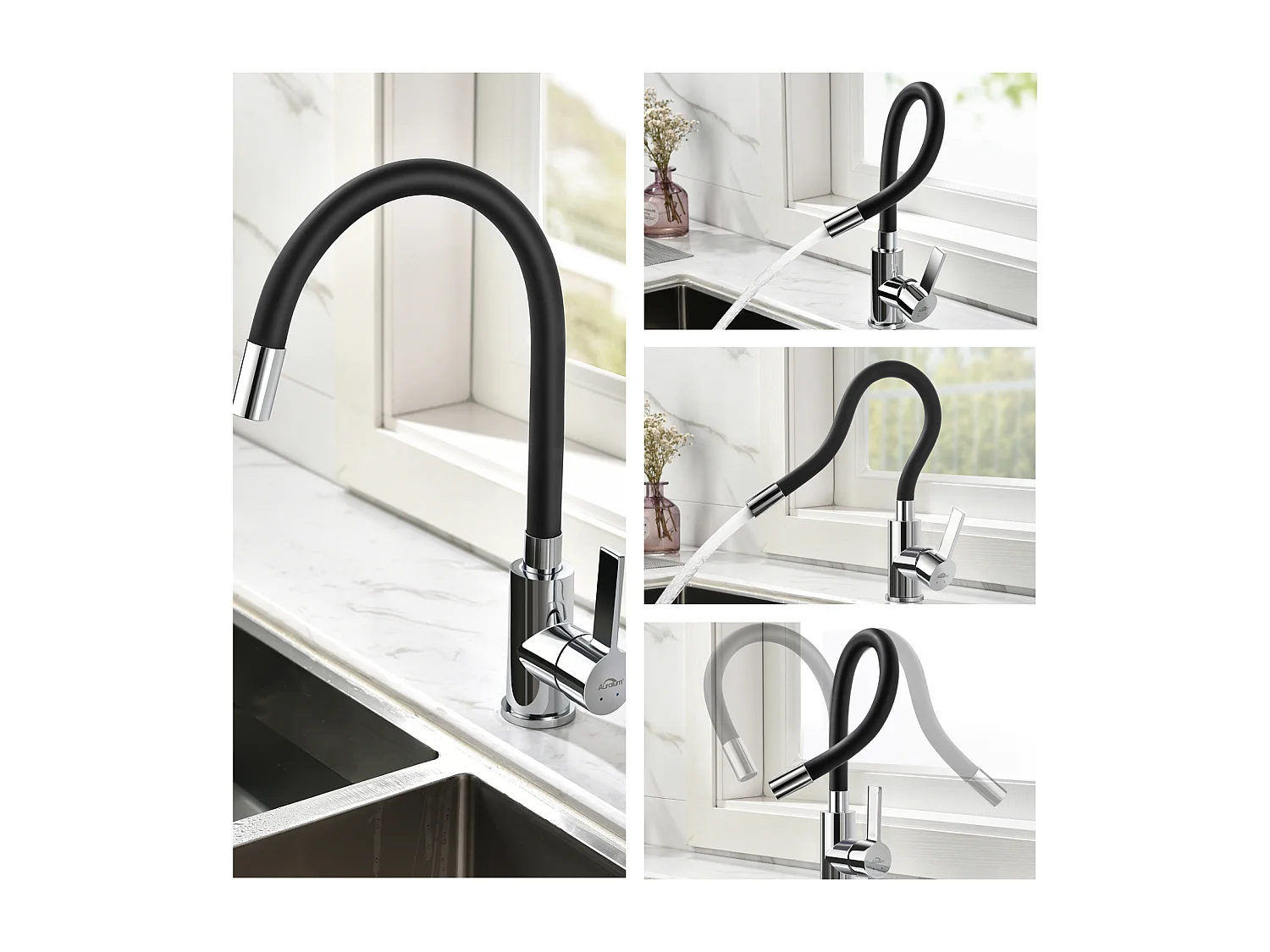 2 en 1 Évier de Cuisine Noir 68x45x19CM avec Distrubuteur de savon et Égouttoir panier+Robinet de Cuisine Flexible Bec Haut Orientable