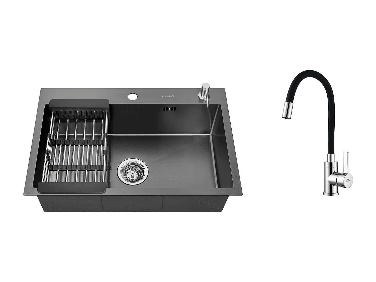 2 en 1 Fregadero de Cocina Negro 68x45x19CM con Distributor de Jabón y Escurridor Cesta+GrifoDe Cocina Flexible Cec Alto Orientable