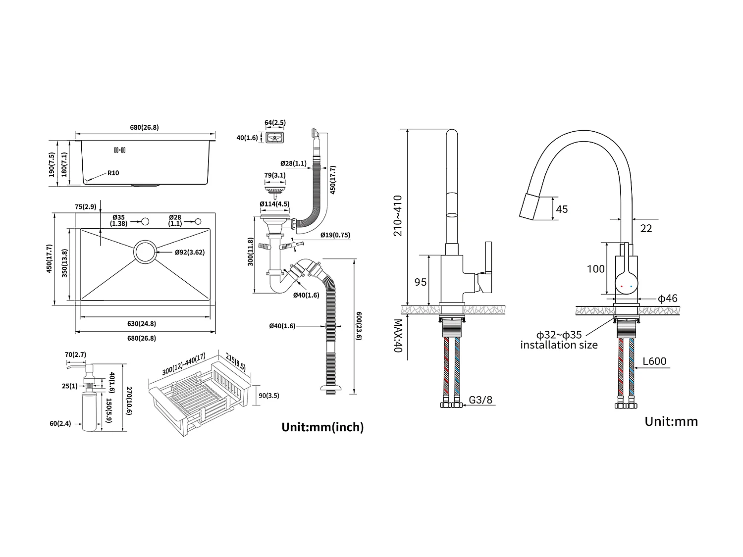 2 en 1 Fregadero de Cocina Negro 68x45x19CM con Distributor de Jabón y Escurridor Cesta+GrifoDe Cocina Flexible Cec Alto Orientable