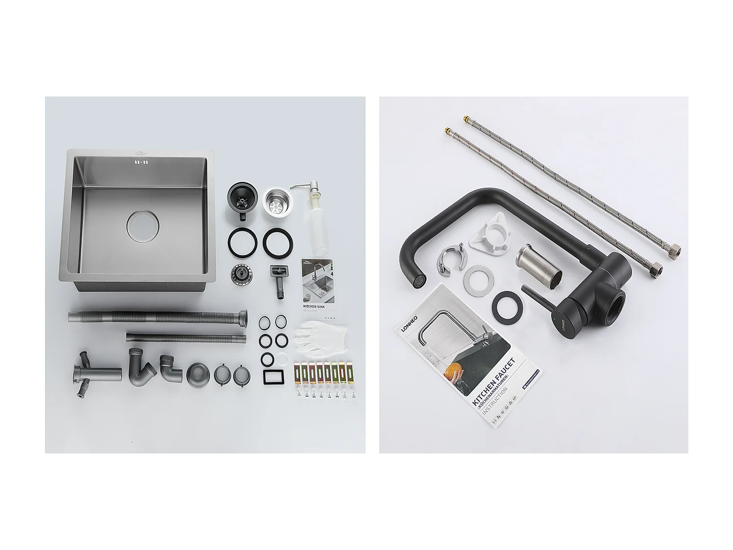 RVS Aanrecht 1 Bak 50*43*18CM met Zeepdispenser+Opklapbare Keukenmengkraan Draaibaar 360° Koud Water Warm,Zwart
