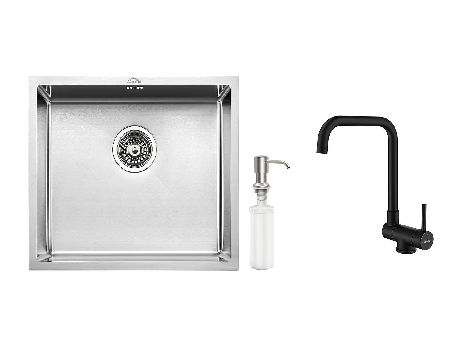 50 * 43 * 18 cm Einzelbecken Edelstahl-Küchenspüle mit Seifenspender + 360 ° schwenkbarer, klappbarer Küchenmischbatterie, heißes und kaltes Wasser, schwarz