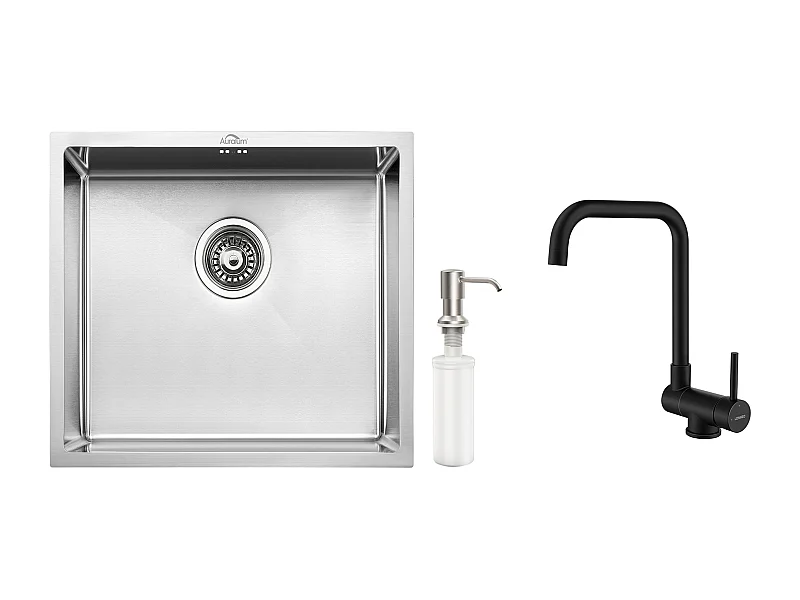 Lavello da Cucina Inox 1 Vassoio 50*43*18CM con Distributore di Sapone+Miscelatore Cucina Pieghevole Girevole 360° Acqua Fredda Calda, Nero