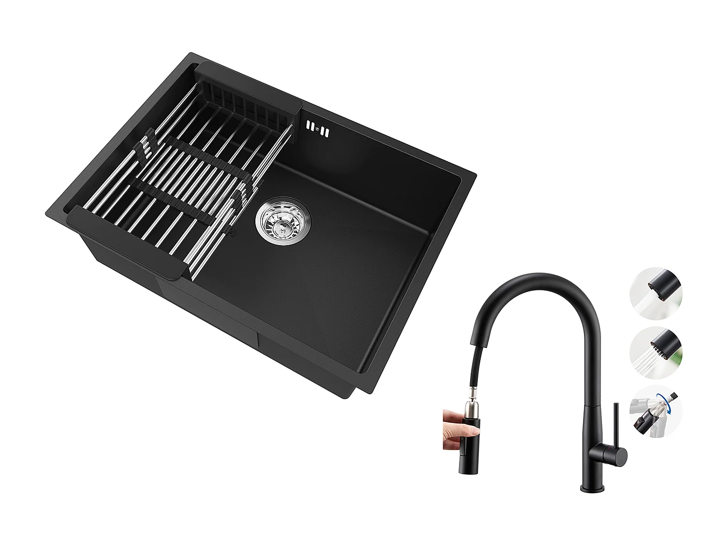 Auralum Max  Évier Cuisine 1 Bac 60*44*20CM,inox 304,à Encastrer/sous-plan avec Panier Drainage,Noir+Robinet Cuisine avec Douchette Extractible,Noir