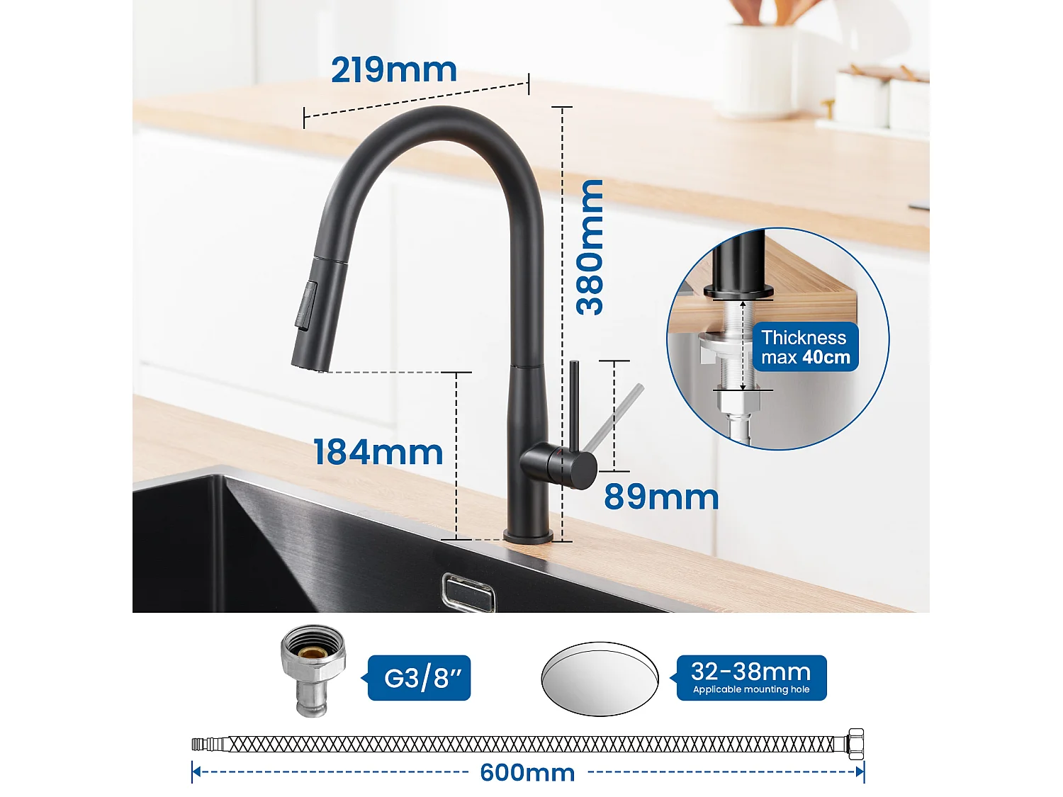 Auralum Max  Évier Cuisine 1 Bac 60*44*20CM,inox 304,à Encastrer/sous-plan avec Panier Drainage,Noir+Robinet Cuisine avec Douchette Extractible,Noir