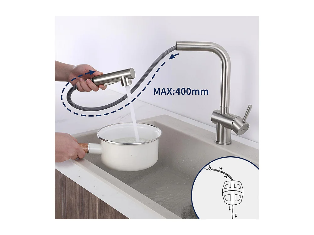 Aanrecht 1 Geborstelde Bak, 58*45*18CM, Oprolbare Afdruiprek, Zeepdispenser + Keukenkraan Uittrekbare Douche Twee Stralen Draaibare 360°