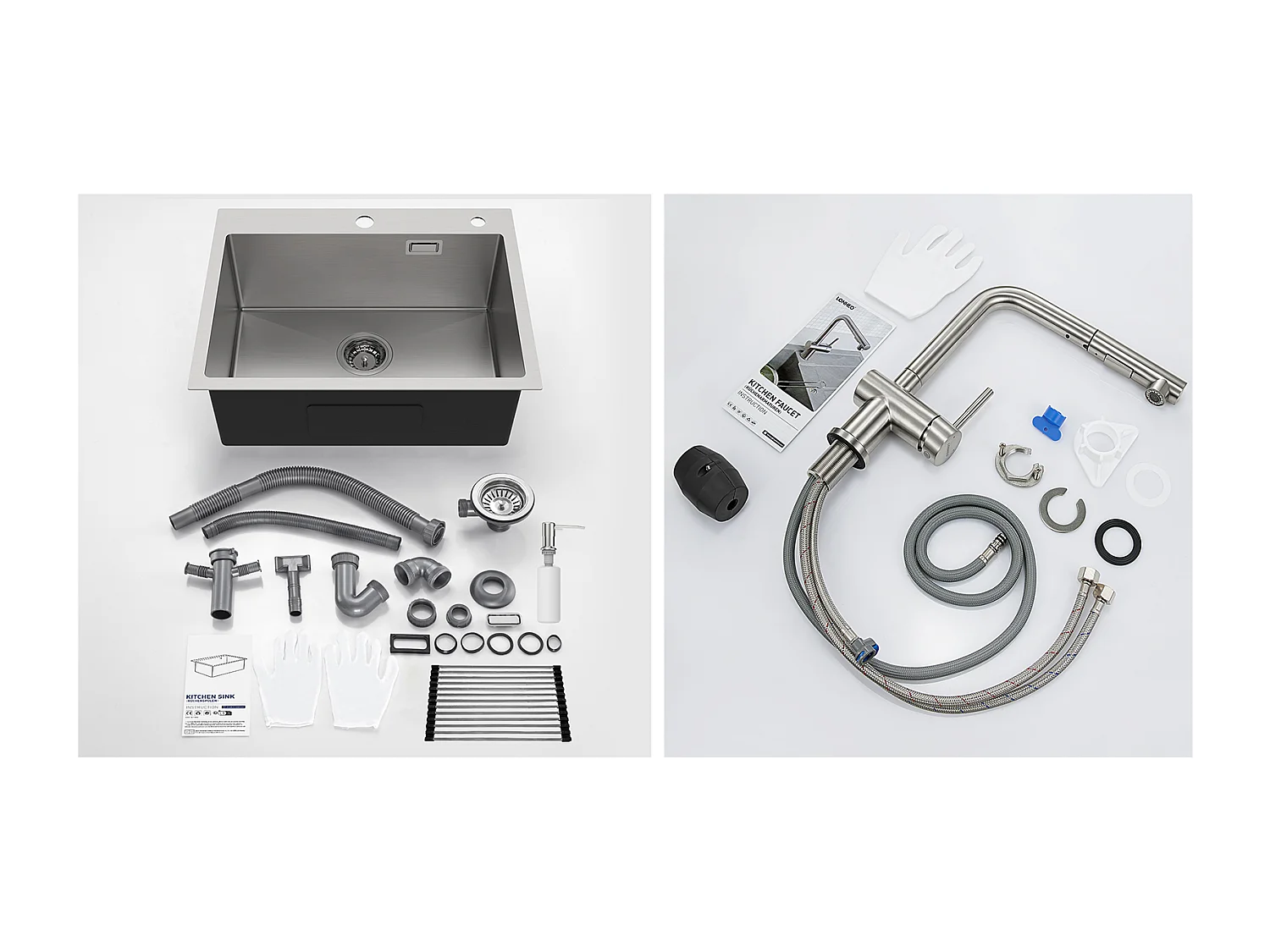 Aanrecht 1 Geborstelde Bak, 58*45*18CM, Oprolbare Afdruiprek, Zeepdispenser + Keukenkraan Uittrekbare Douche Twee Stralen Draaibare 360°