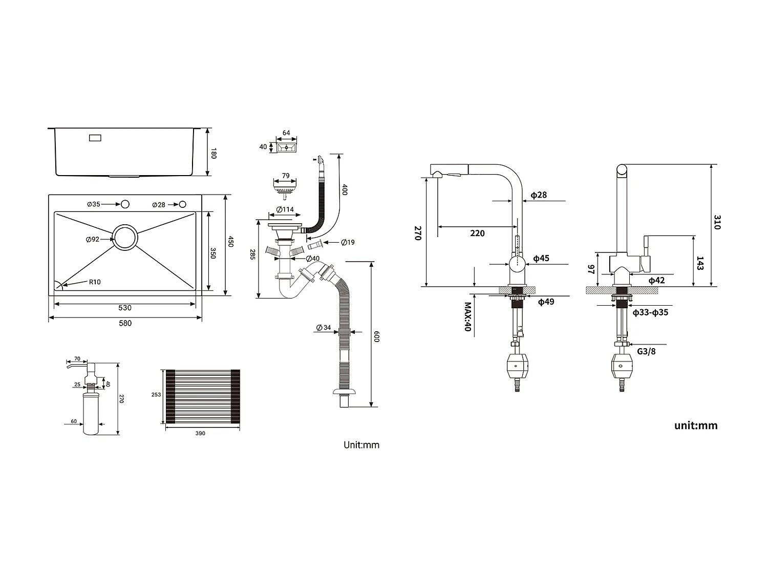 Évier Cuisine 1 Bac Brossé,58*45*18CM,Égouttoir Énroulable,Distributeur Savon+Robinet Cuisine Douchette Extractible Deux Jets Pivotant 360°
