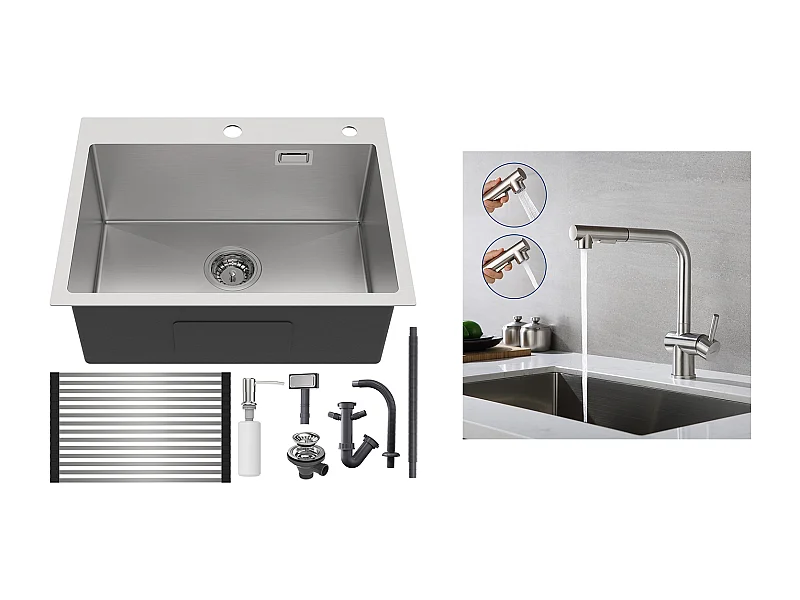 Aanrecht 1 Geborstelde Bak, 58*45*18CM, Oprolbare Afdruiprek, Zeepdispenser + Keukenkraan Uittrekbare Douche Twee Stralen Draaibare 360°