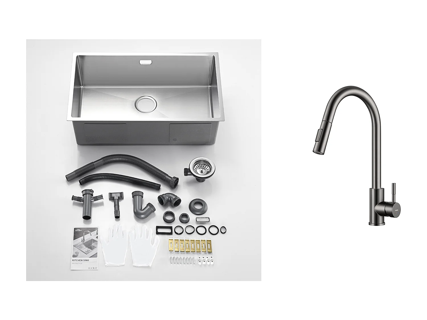 Évier Cuisine 1 Bac 74*44*20CM 304 Inox Évier Brossé avec Siphon et Trop-Plein+Robinet Cuisine Douchette Extractible Gris Foncé Rotatif 360 ° 