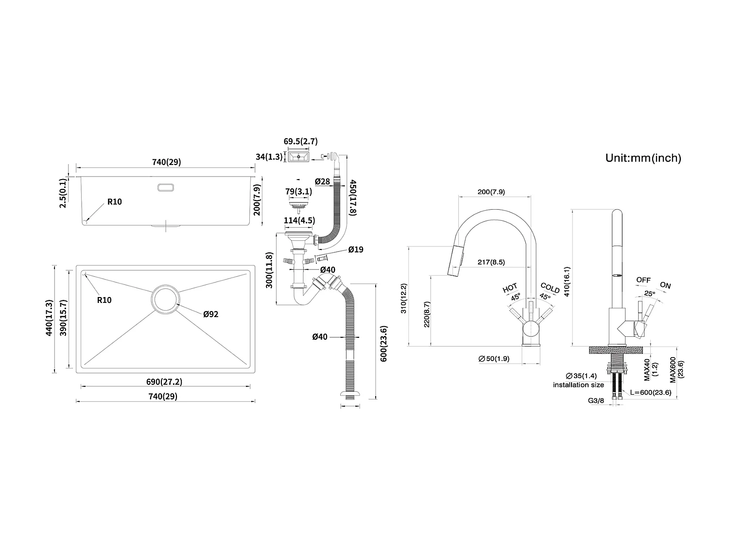 Évier Cuisine 1 Bac 74*44*20CM 304 Inox Évier Brossé avec Siphon et Trop-Plein+Robinet Cuisine Douchette Extractible Gris Foncé Rotatif 360 ° 