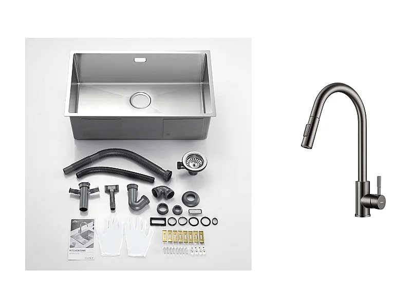 Aanrecht 1 Bak 74*44*20CM 304 RVS Geborstelde Spoelbak met Sifon en Overloop + Keukenkraan Uittrekbare Douchekop Donkergrijs 360 ° Draaibaar