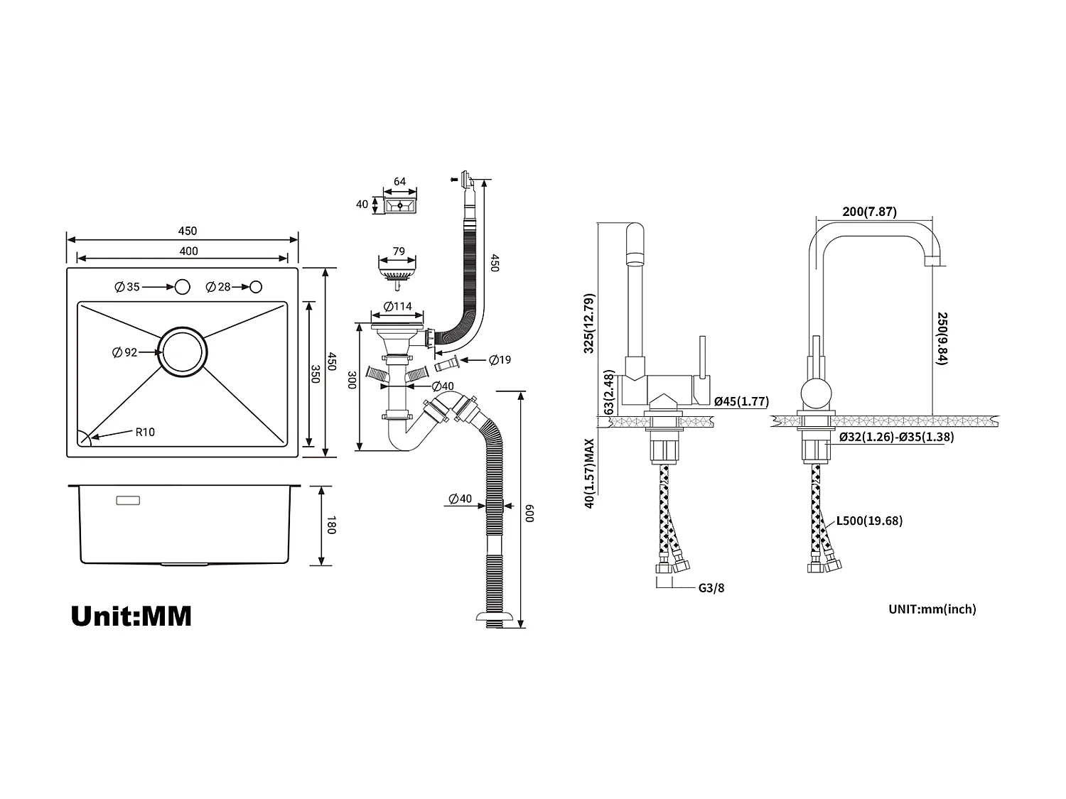 Évier Cuisine 1 Bac 45x45CM Acier Inoxydable 304 ,encastré et à Poser+Mitigeur Cuisine Rabattable Pivotant 360° Eau froid Chaud,Noir