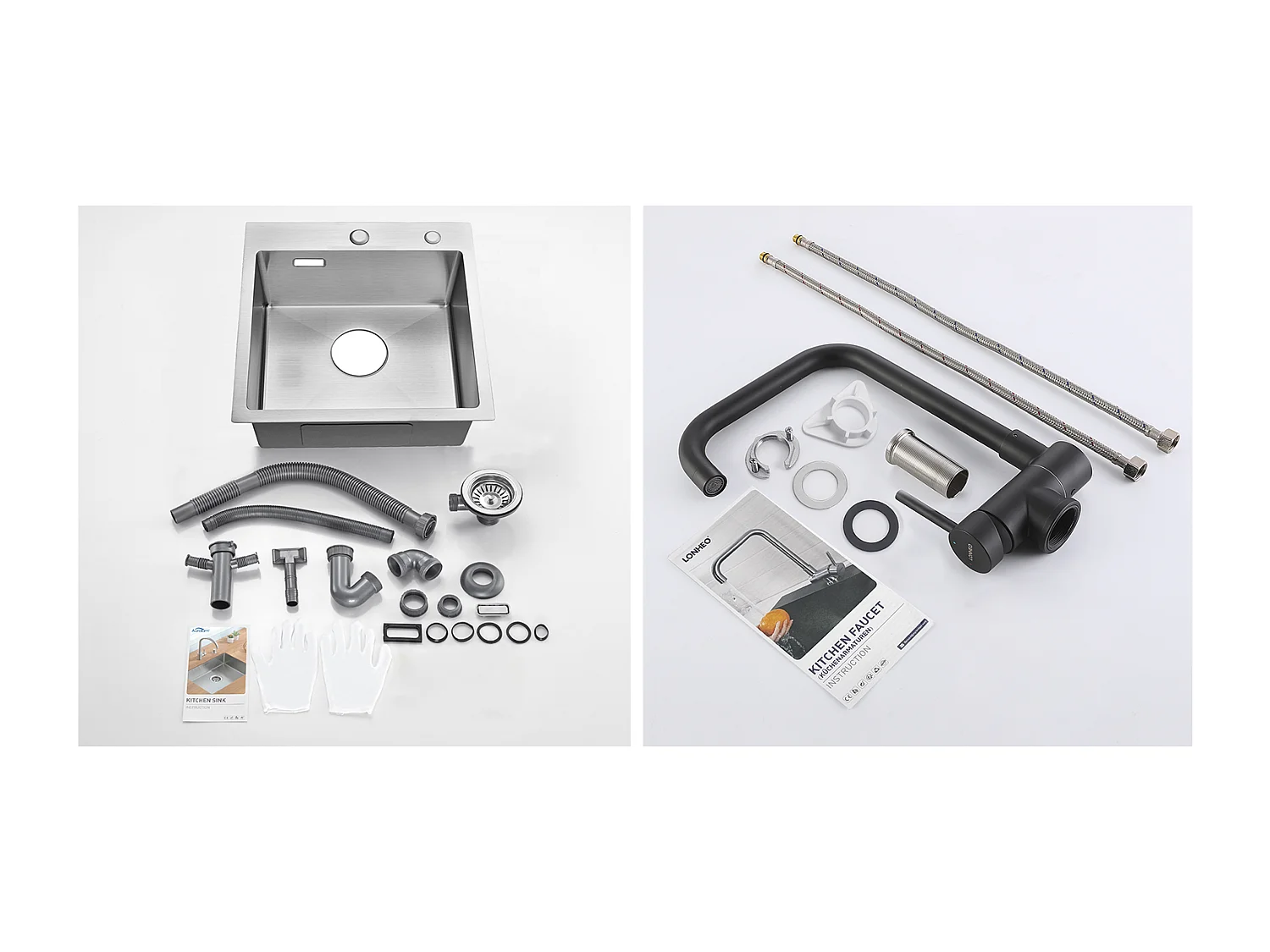 Évier Cuisine 1 Bac 45x45CM Acier Inoxydable 304 ,encastré et à Poser+Mitigeur Cuisine Rabattable Pivotant 360° Eau froid Chaud,Noir