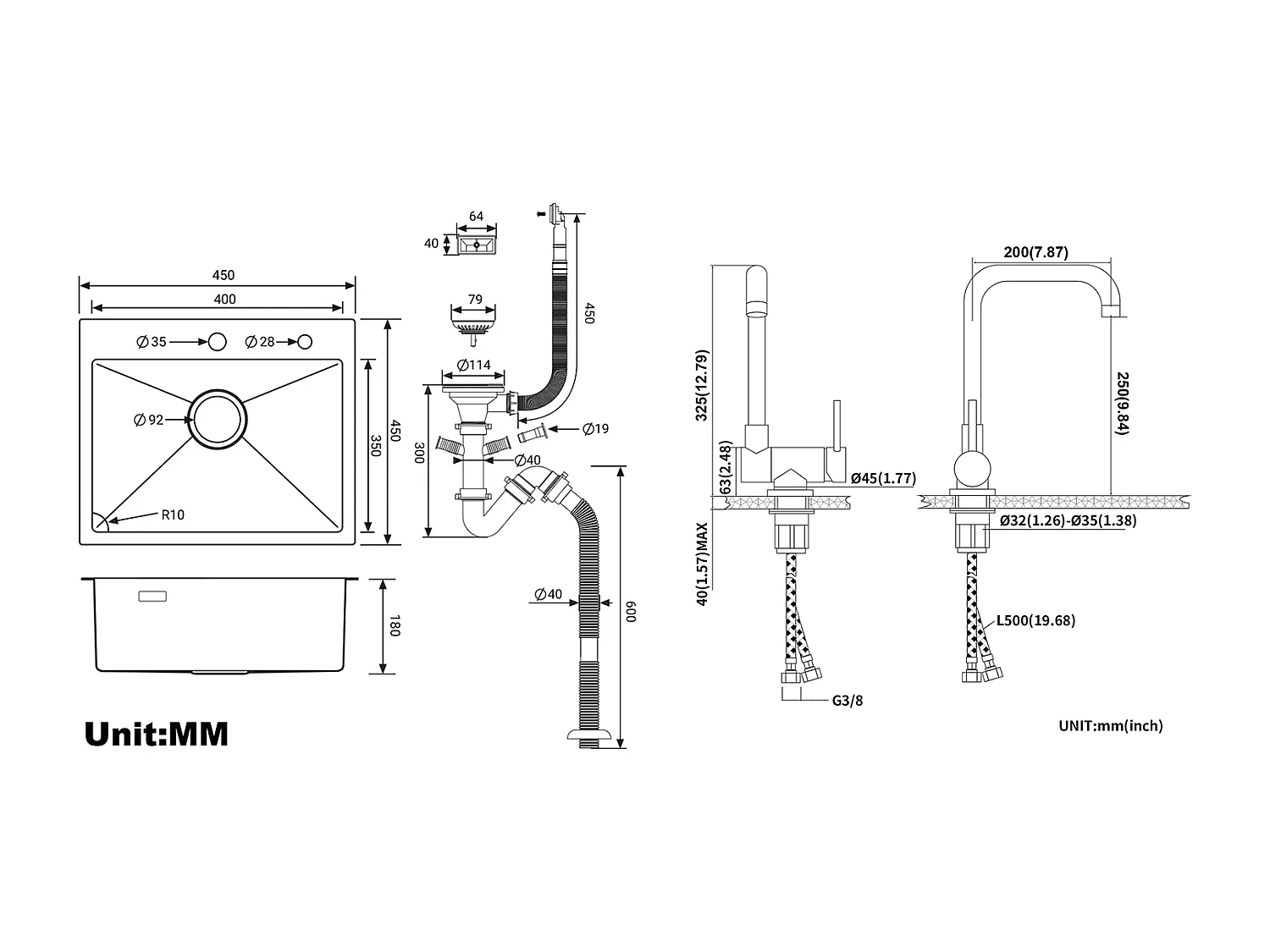 Évier Cuisine 1 Bac 45x45CM Acier Inoxydable 304 ,encastré et à Poser+Mitigeur Cuisine Rabattable Pivotant 360° Eau froid Chaud,Noir