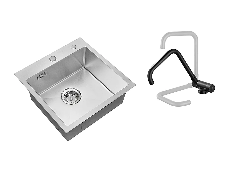 Évier Cuisine 1 Bac 45x45CM Acier Inoxydable 304 ,encastré et à Poser+Mitigeur Cuisine Rabattable Pivotant 360° Eau froid Chaud,Noir