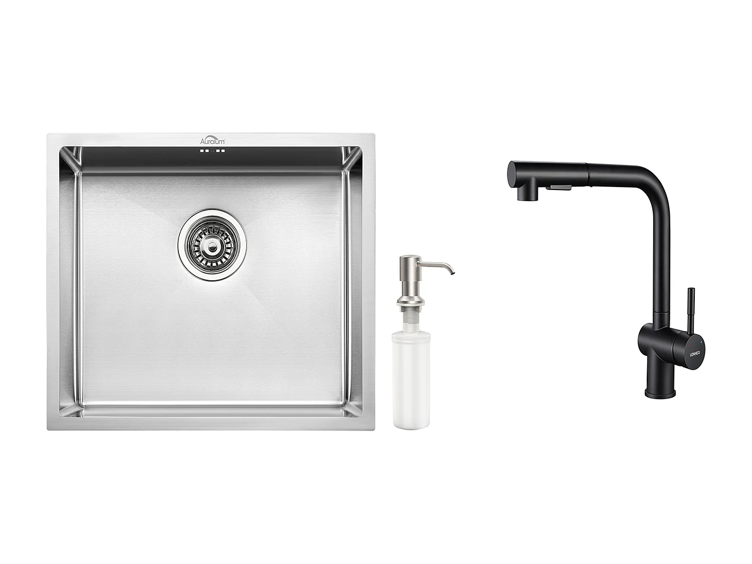 Évier de Cuisine Inox 1 Bac 50*43*18CM avec Distributeur de Savon+Robinet de Cuisine Noir Douchette Extractible à 2 Jets