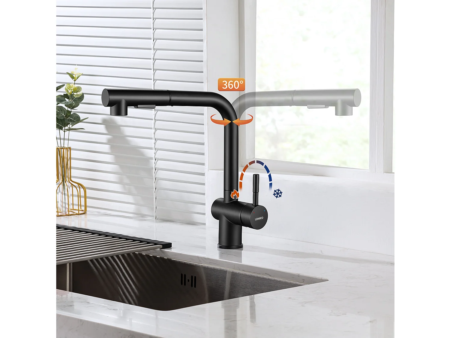 Évier de Cuisine Inox 1 Bac 50*43*18CM avec Distributeur de Savon+Robinet de Cuisine Noir Douchette Extractible à 2 Jets