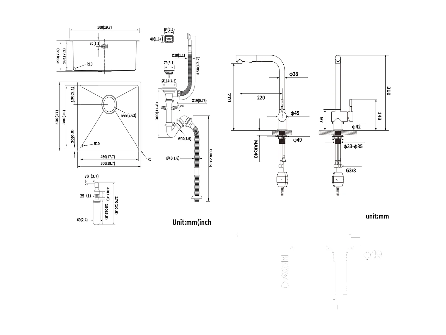 Évier de Cuisine Inox 1 Bac 50*43*18CM avec Distributeur de Savon+Robinet de Cuisine Noir Douchette Extractible à 2 Jets