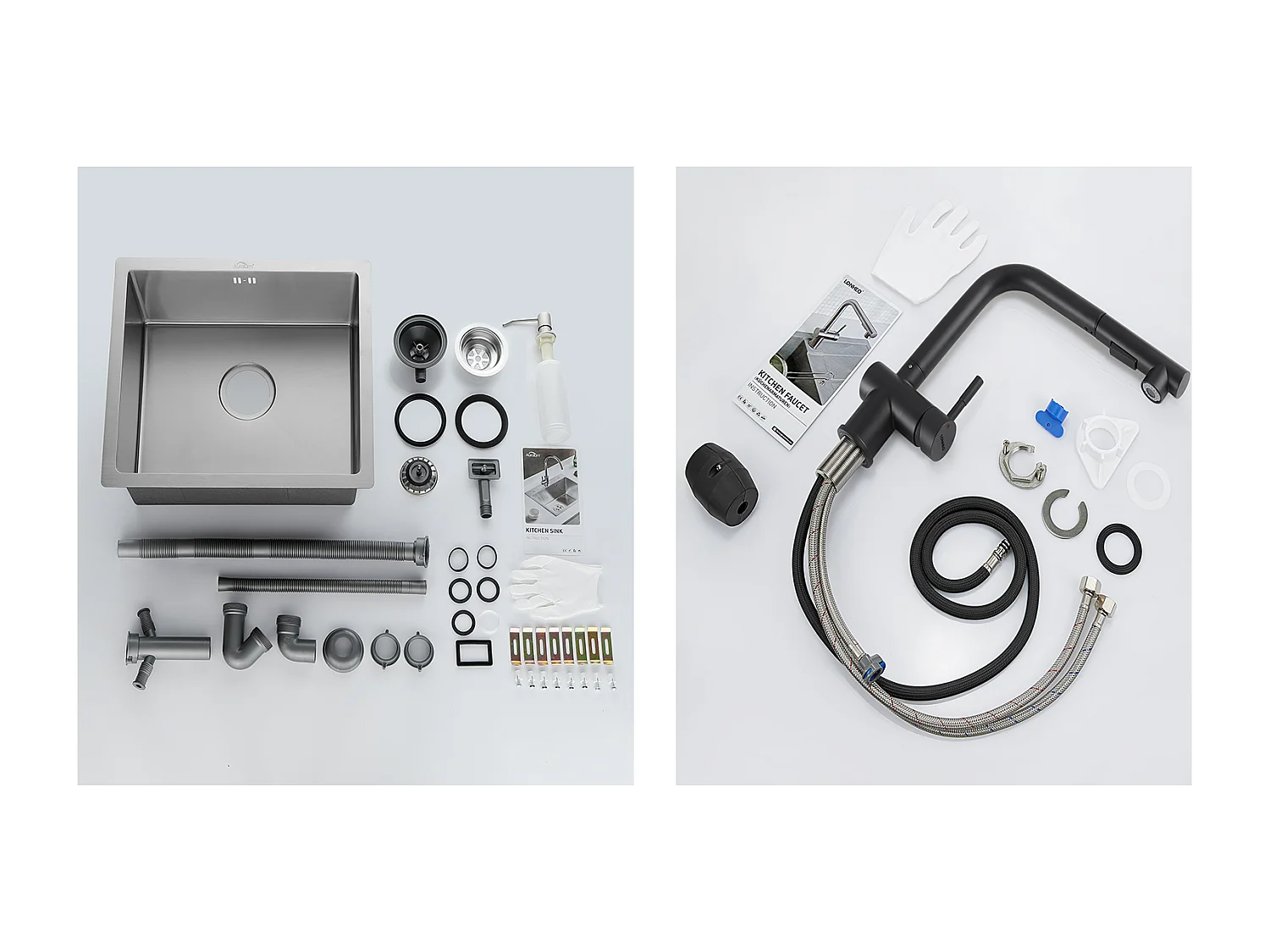 Évier de Cuisine Inox 1 Bac 50*43*18CM avec Distributeur de Savon+Robinet de Cuisine Noir Douchette Extractible à 2 Jets