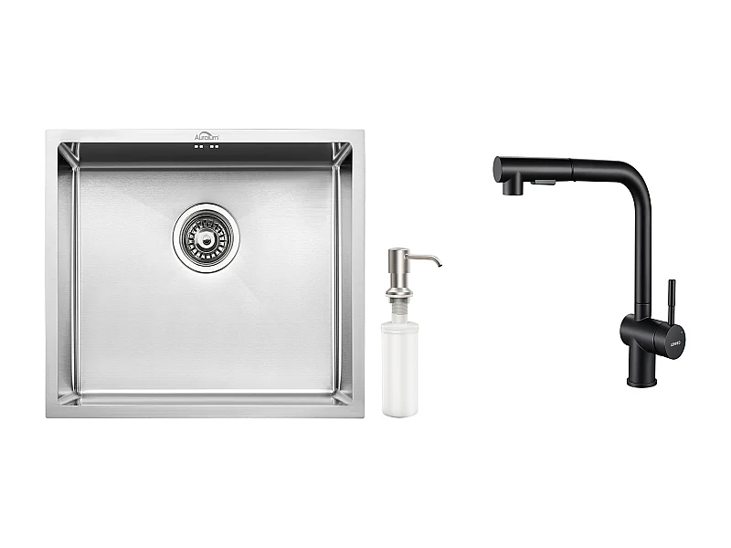 Lavello da Cucina Inox 1 Vassoio 50*43*18CM con Distributore di Sapone+Rubinetto da Cucina Nero Doccia Estraibile a 2 Getti