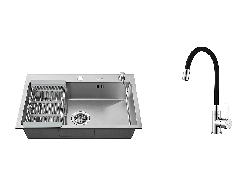 2 en1 Fregadero Cocina Cepillado 68x45x19CM con Distributor Jabón Escurridor Cesta+Grifero de Cocina Flexible Bozal Alto Orientable