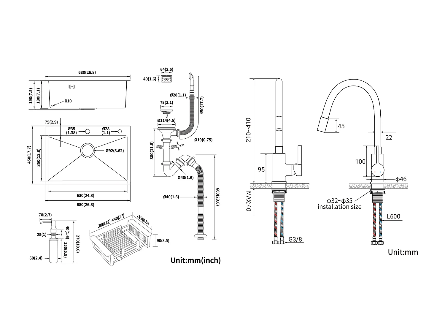 2 en1 Fregadero Cocina Cepillado 68x45x19CM con Distributor Jabón Escurridor Cesta+Grifero de Cocina Flexible Bozal Alto Orientable