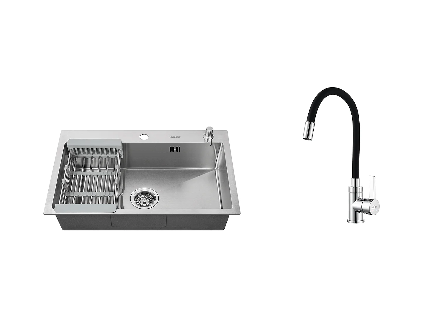 2 en1 Évier Cuisine Brossé 68x45x19CM avec Distrubuteur savon Égouttoir Panier+Robinet de Cuisine Flexible Bec Haut Orientable