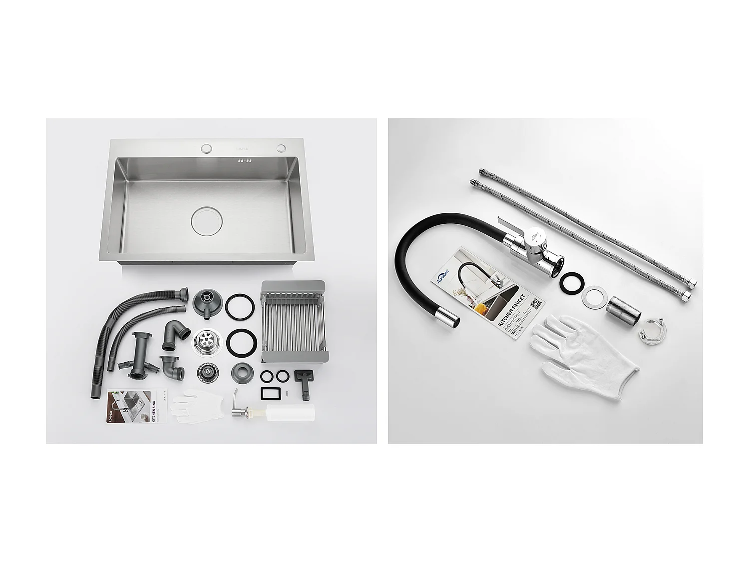 2 en1 Évier Cuisine Brossé 68x45x19CM avec Distrubuteur savon Égouttoir Panier+Robinet de Cuisine Flexible Bec Haut Orientable