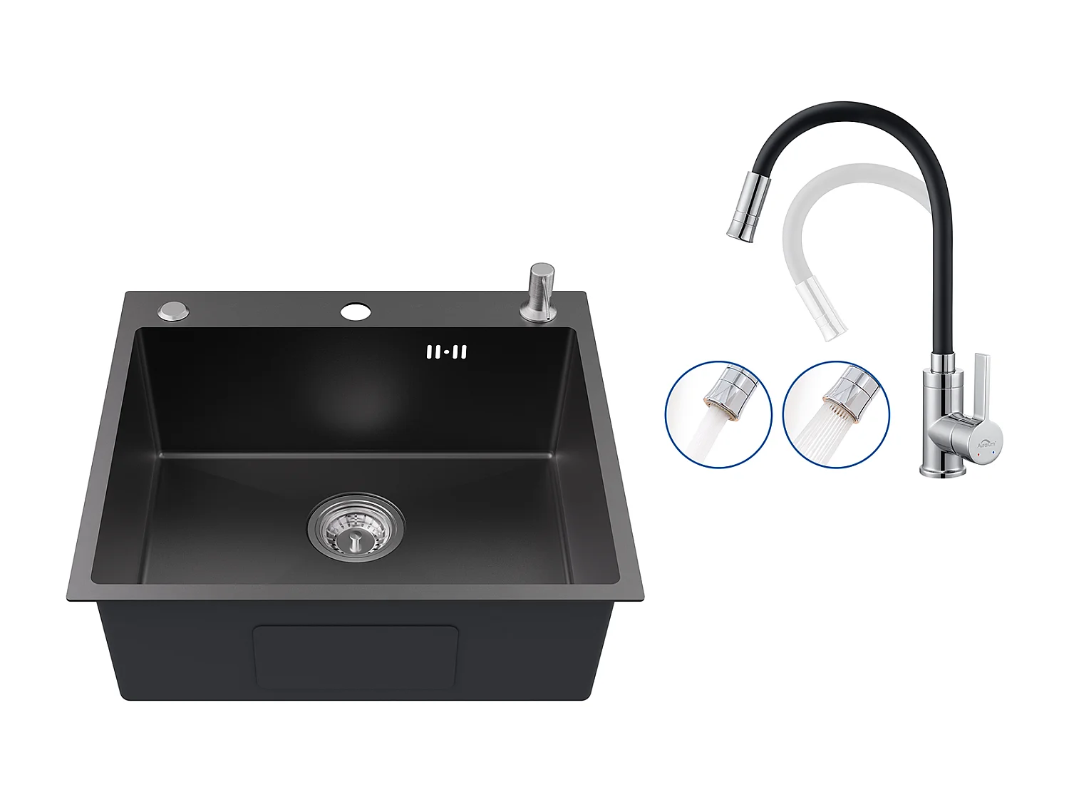 Evier Cuisine 1Bac 54*49*20 CM,en Inox,Noir Gris,Evier 1Cuve avec Distributeur Savon+Mitigeur Cuisine Noir Flexible,Robinet Cuisine Rabattable,2 Jets