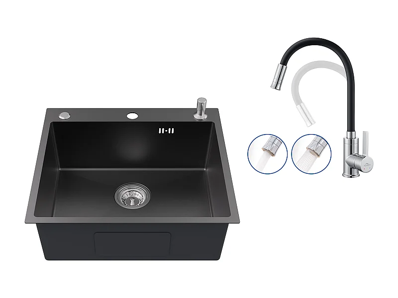 1-Behälter-Küchenspüle 54*49*20 CM, Edelstahl, Schwarzgrau, 1-Behälter-Spüle mit Seifenspender + flexibler schwarzer Küchenmixer, klappbarer Küchenhahn, 2 Düsen