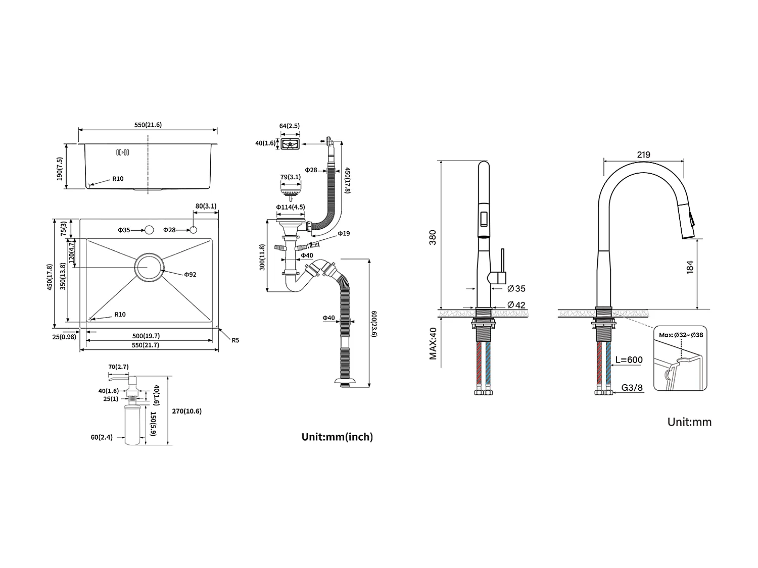 Aanrecht 1 bak 55*45CM Inbouw/opbouw spoelbak met zeepdispenser+mengkraan, met uittrekbare handdouche, 2 modi, geborsteld