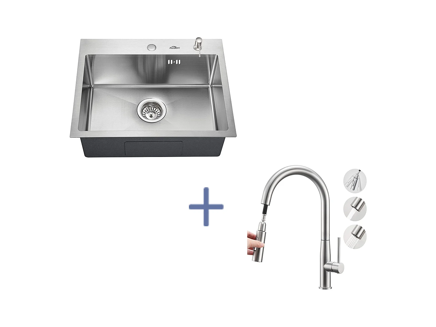 Évier Cuisine 1 Bac 55*45CM Évier Encastré/ à Poser avec Distributeur Savon+Mitigeur Cuisine,avec Douchette Extractible,2 Modes,Brossé