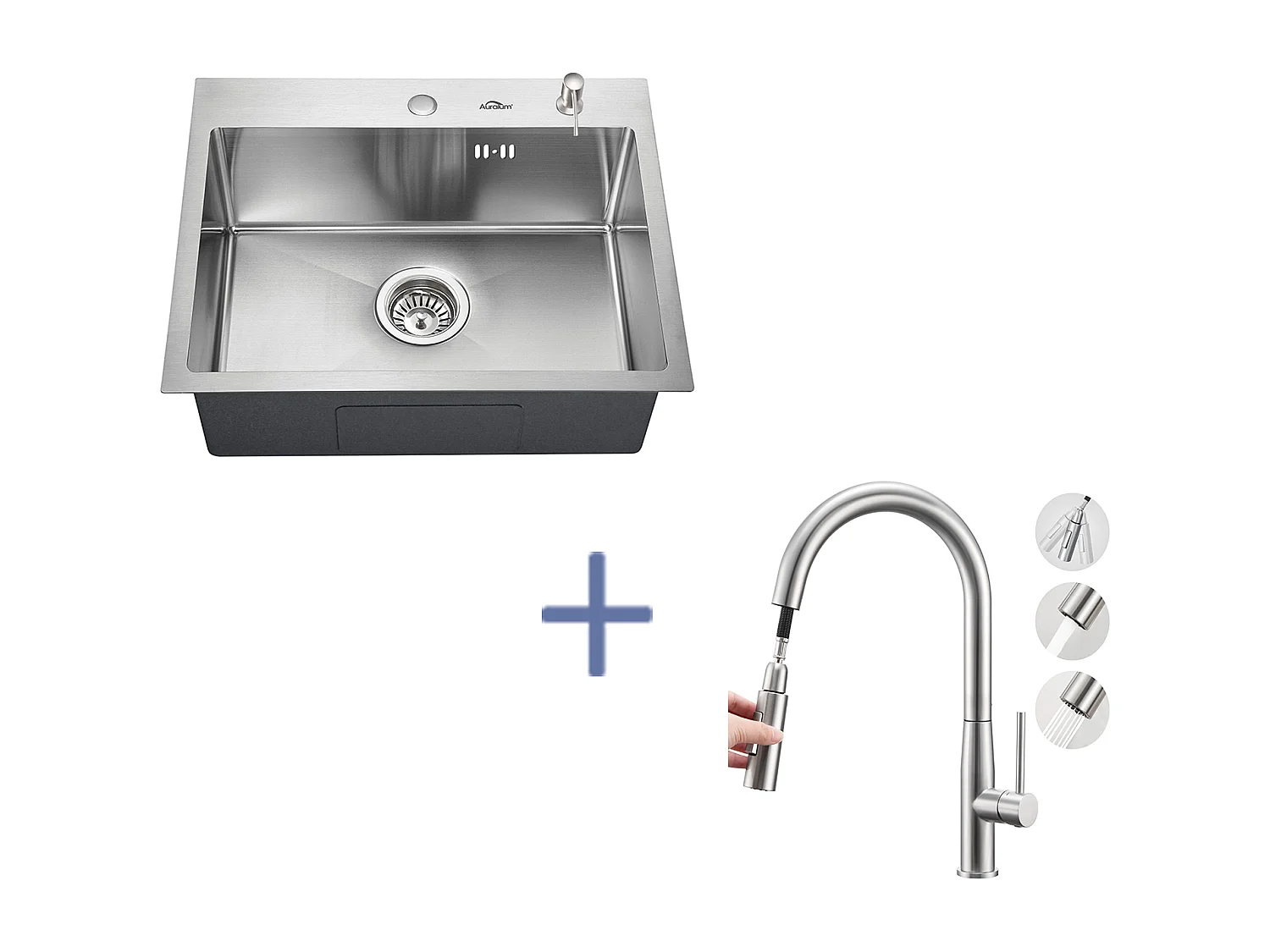 Évier Cuisine 1 Bac 55*45CM Évier Encastré/ à Poser avec Distributeur Savon+Mitigeur Cuisine,avec Douchette Extractible,2 Modes,Brossé