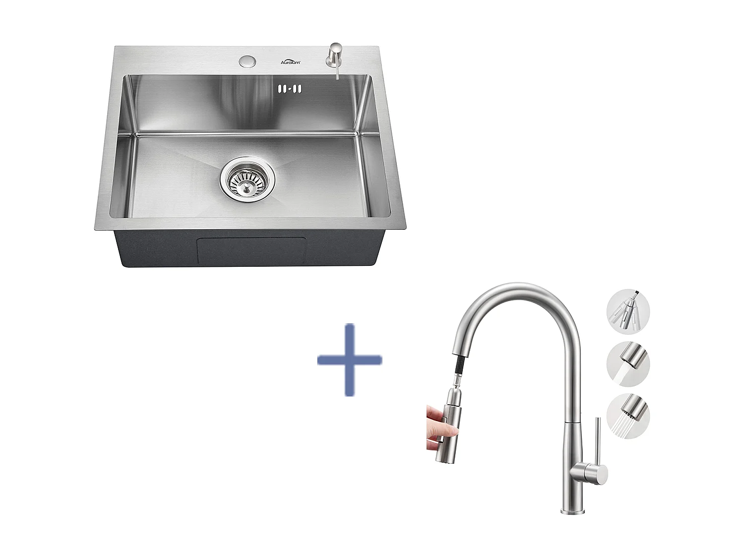 Lavello cucina 1 vasca  55*45CM Lavello incasso/da posare con distributore di sapone+Miscelatore da cucina,con doccetta estraibile,spazzolato