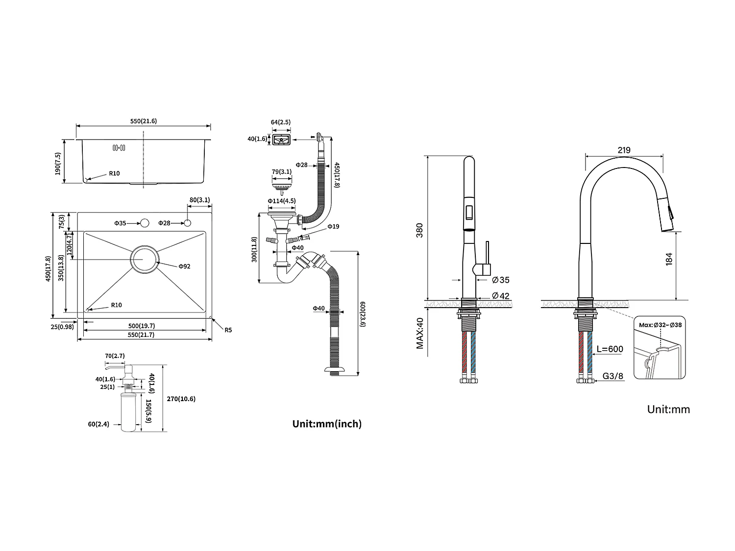 Lavello cucina 1 vasca  55*45CM Lavello incasso/da posare con distributore di sapone+Miscelatore da cucina,con doccetta estraibile,spazzolato