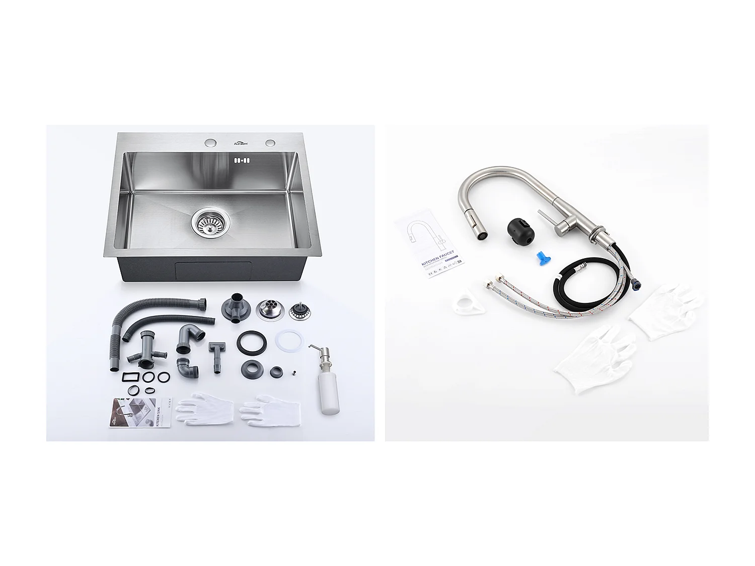 Lavello cucina 1 vasca  55*45CM Lavello incasso/da posare con distributore di sapone+Miscelatore da cucina,con doccetta estraibile,spazzolato