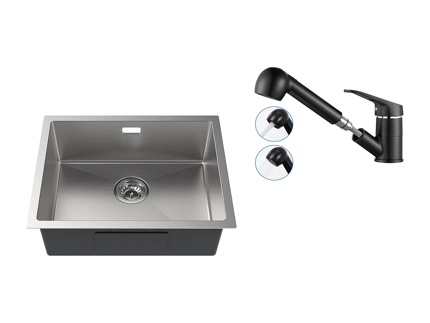 Évier Cuisine 1 Bac 55*44*19CM,à Encastrer/Fleur/ Sous-Plan, Brossé+Robinet Cuisine Noir avec Douchette Extractible 2 Jets à 360° en Laiton