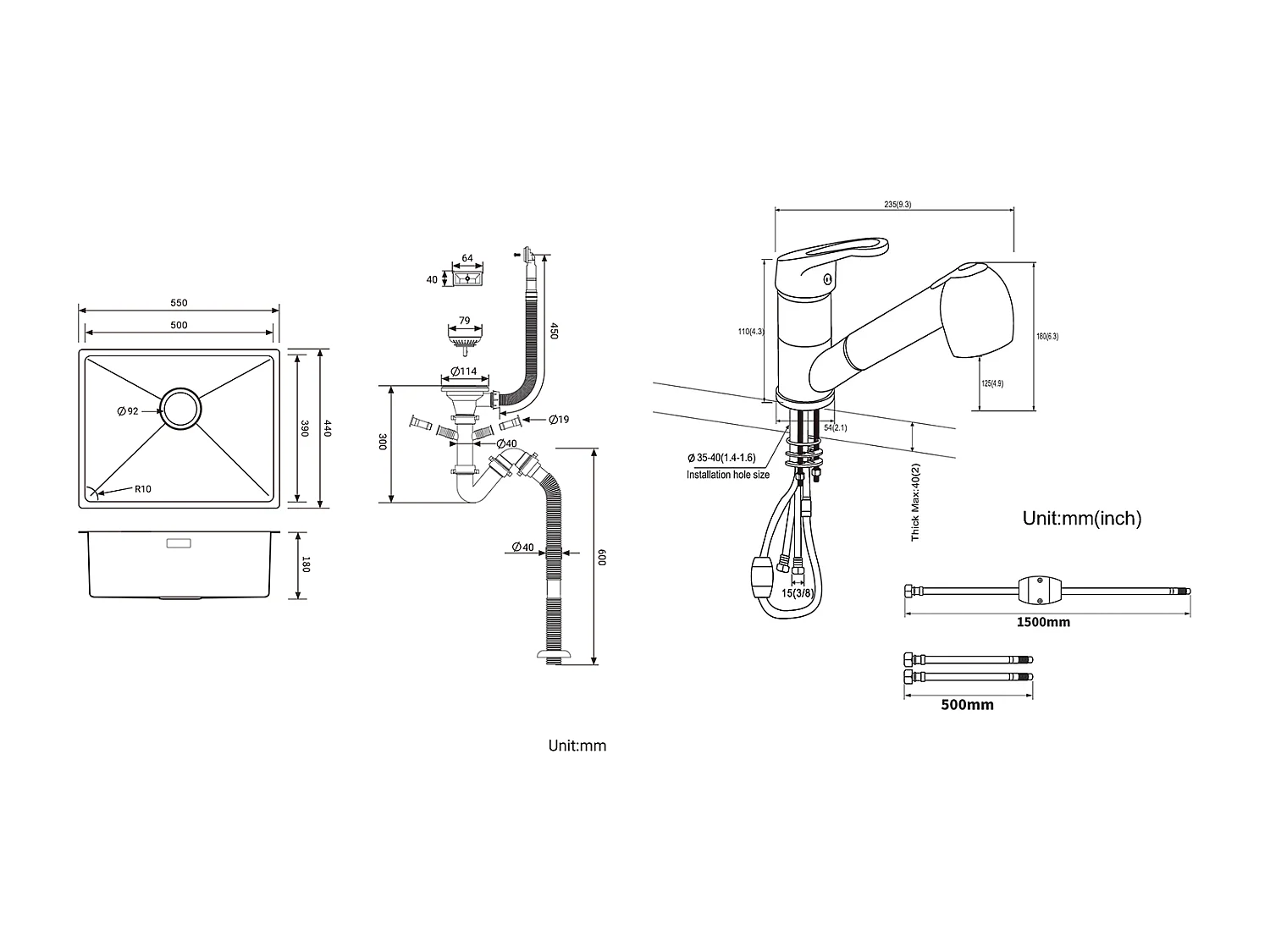 Évier Cuisine 1 Bac 55*44*19CM,à Encastrer/Fleur/ Sous-Plan, Brossé+Robinet Cuisine Noir avec Douchette Extractible 2 Jets à 360° en Laiton