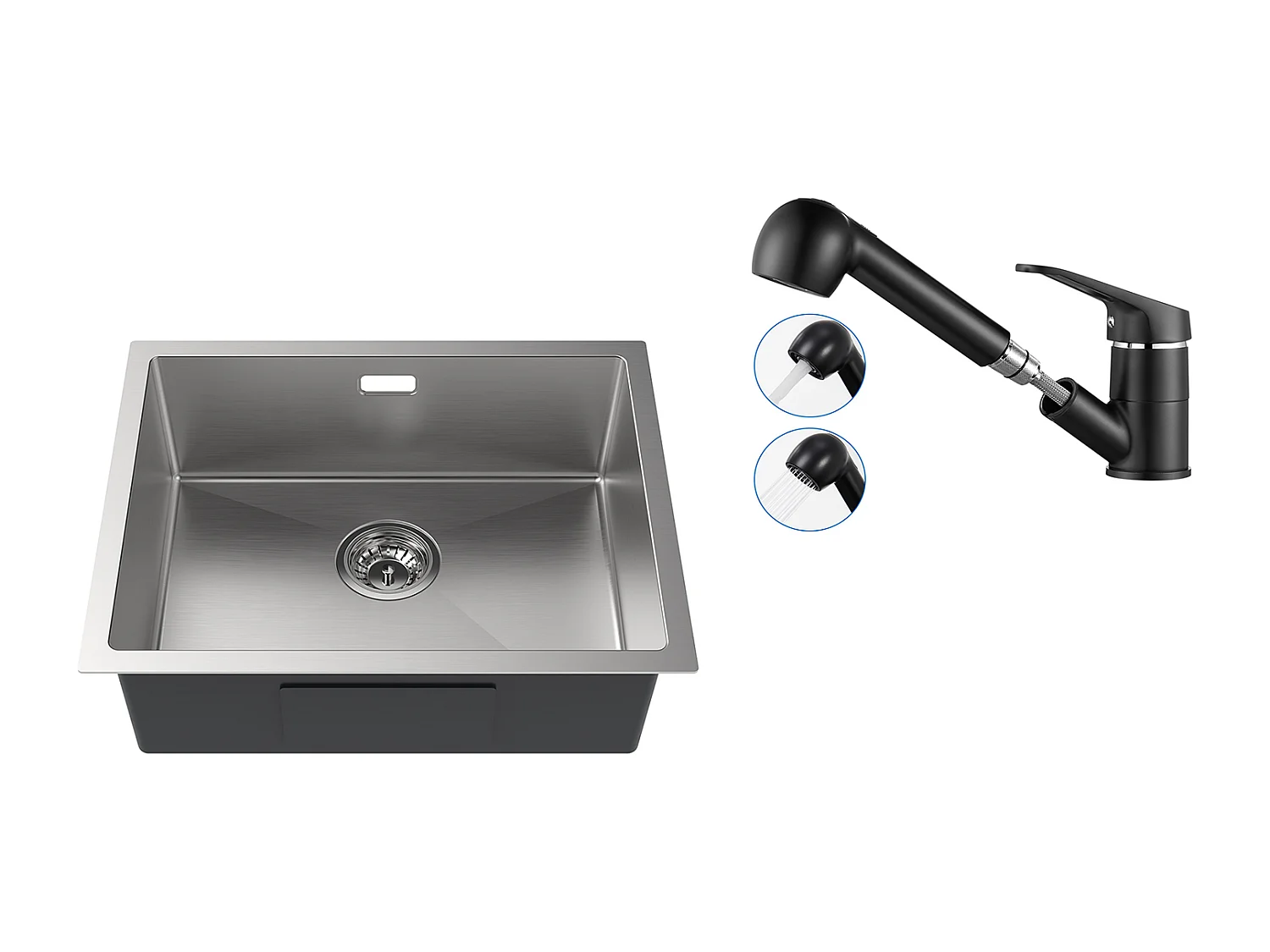 Évier Cuisine 1 Bac 55*44*19CM,à Encastrer/Fleur/ Sous-Plan, Brossé+Robinet Cuisine Noir avec Douchette Extractible 2 Jets à 360° en Laiton