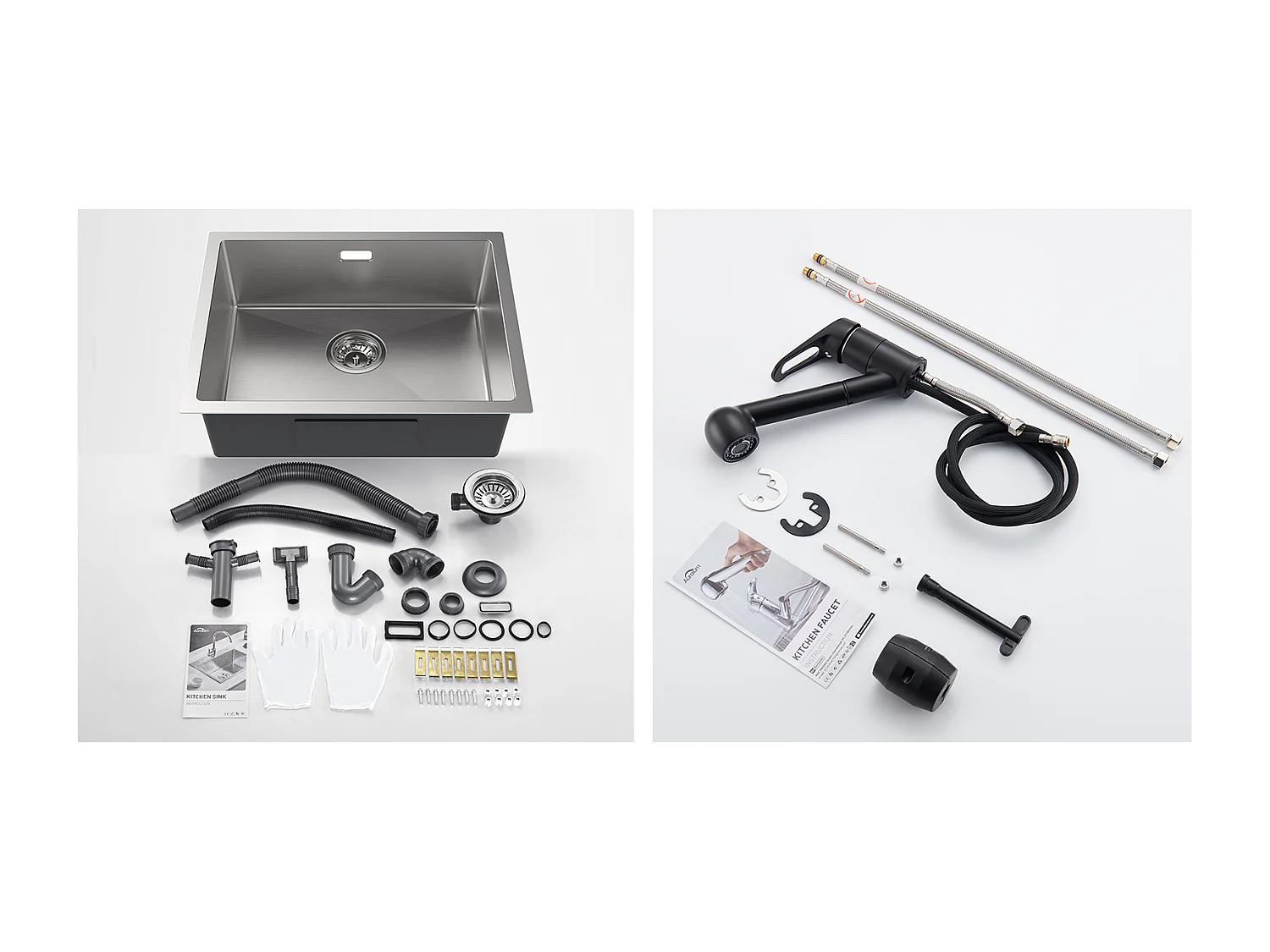 Évier Cuisine 1 Bac 55*44*19CM,à Encastrer/Fleur/ Sous-Plan, Brossé+Robinet Cuisine Noir avec Douchette Extractible 2 Jets à 360° en Laiton