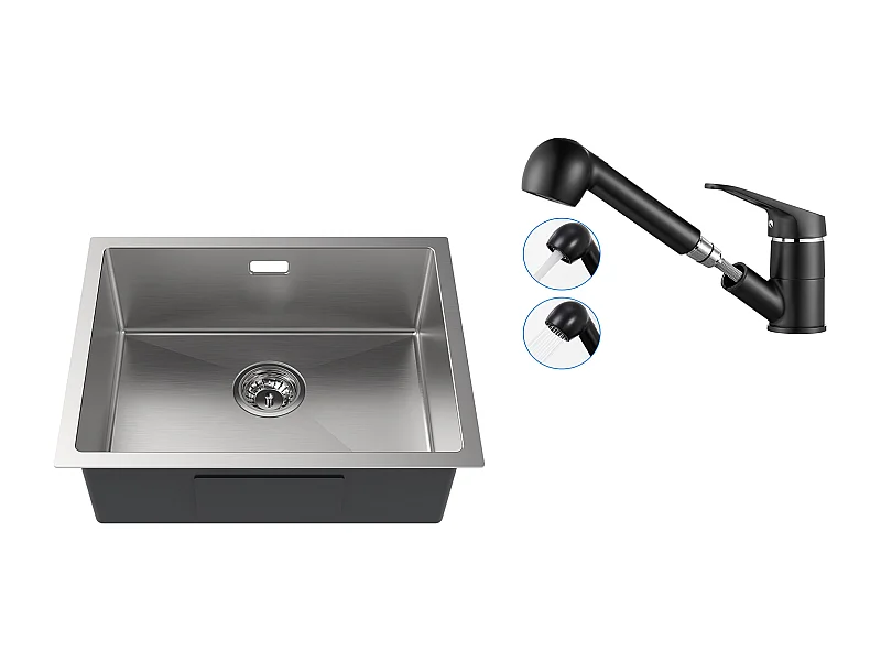 Évier Cuisine 1 Bac 55*44*19CM,à Encastrer/Fleur/ Sous-Plan, Brossé+Robinet Cuisine Noir avec Douchette Extractible 2 Jets à 360° en Laiton