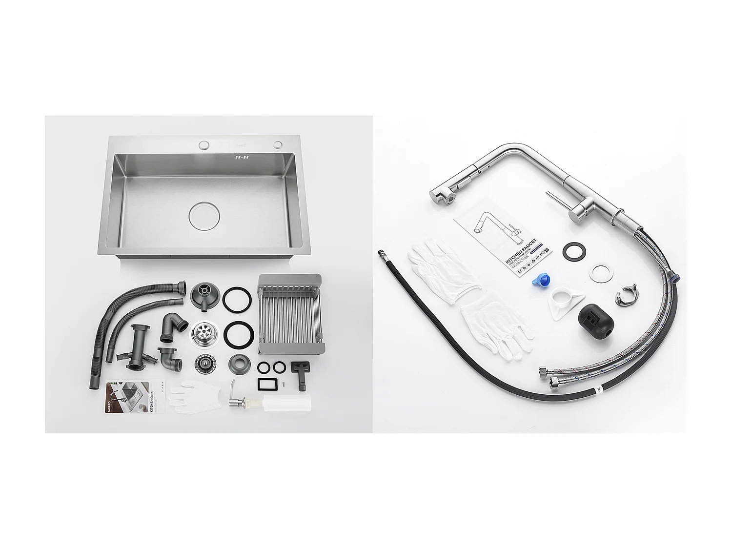 2en1 Évier Cuisine Brossé 68x45x19CM avec Distrubuteur savon Égouttoir Panier+Mitigeur Cuisine avec Douchette Extractible Rotatif 360°,Brossé