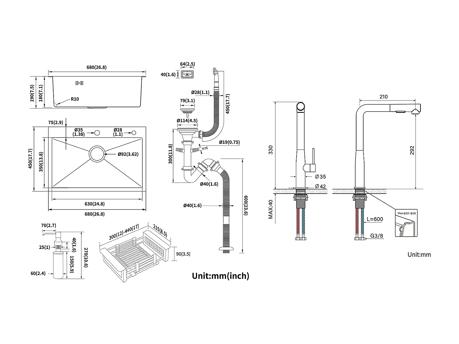 2en1 Fregadero Cocina Cepillado 68x45x19CM con Distributor Jabón Escurridor Cesta+Mezclador Cocina con Ducha Extraíble Giratoria 360°,Cepillado