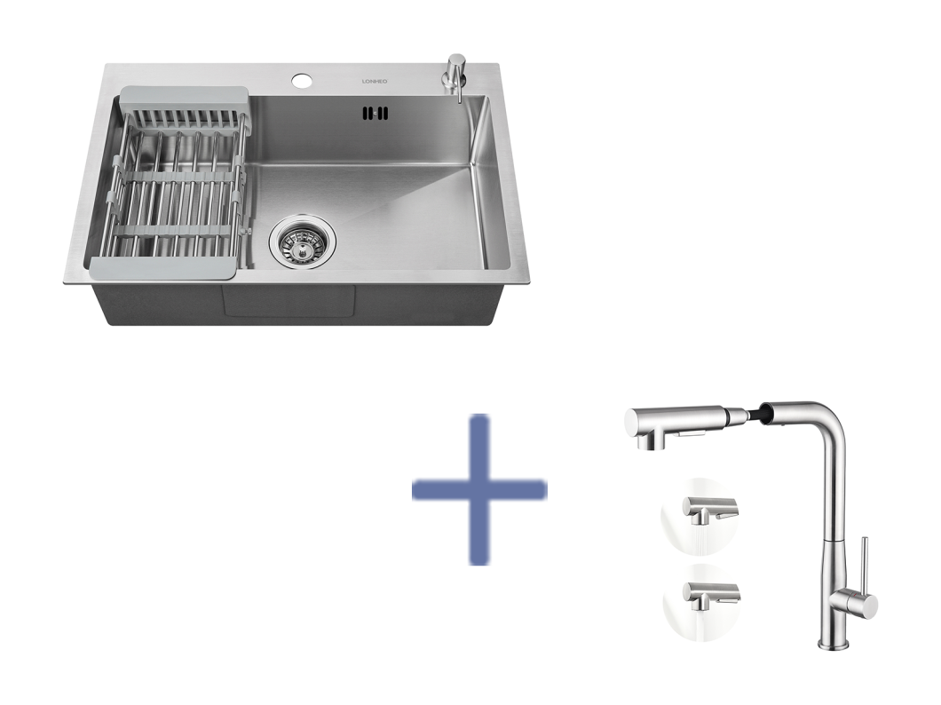 2in1 Geborstelde Aanrecht 68x45x19CM met Zeepverdeler Afdruiprek Mand+Mengkraan CuiSinus met 360° Draaibare Uittrekbare Handdouche, Geborsteld