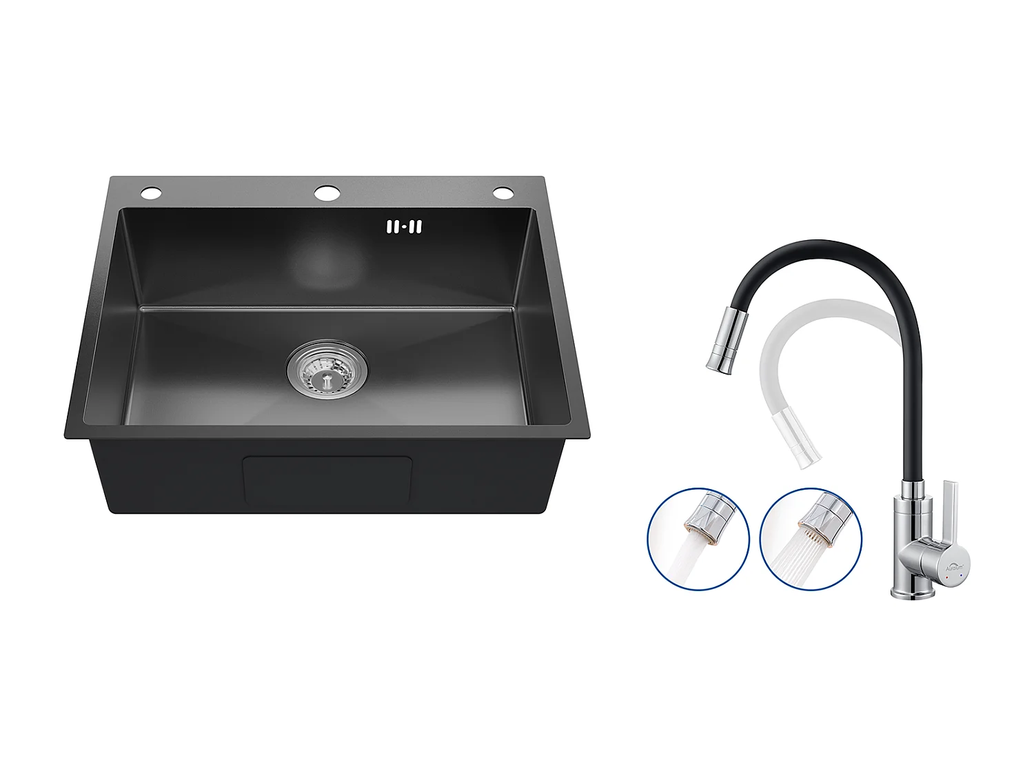 Évier Cuisine à Encastrer,1 Bac,60*49*20CM,inox 304,Noir+Mitigeur Cuisine Noir Flexible,Robinet Cuisine Rabattable,Robinet Cuisine avec 2 Types Jets