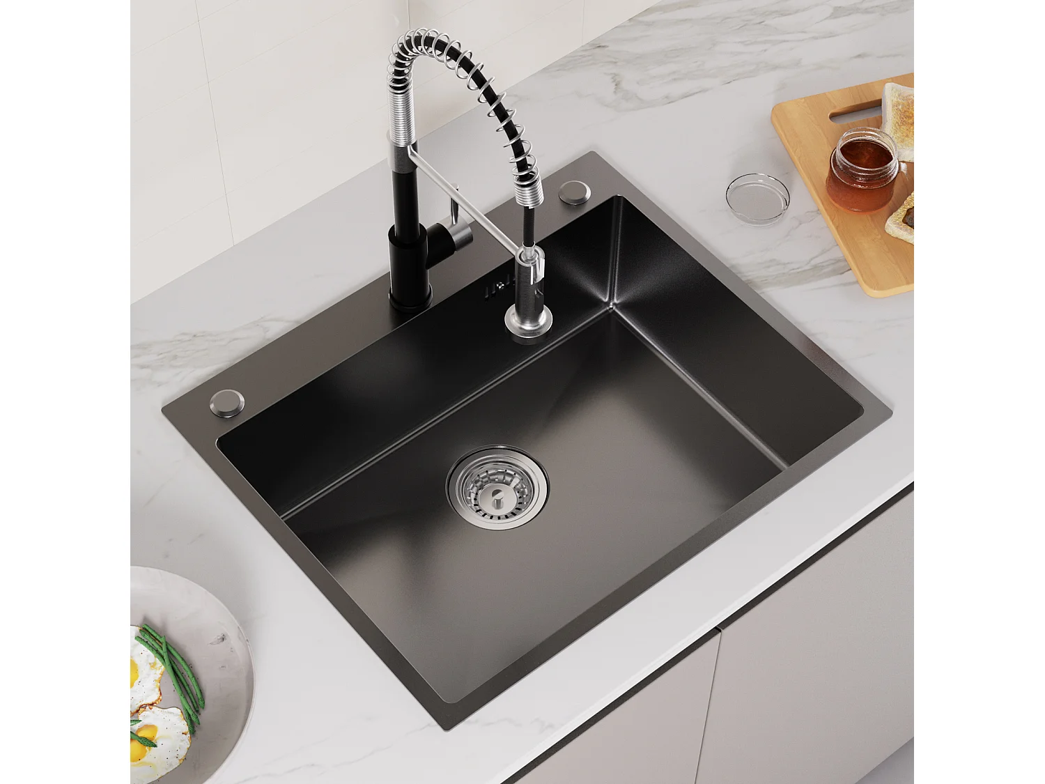 Évier Cuisine à Encastrer,1 Bac,60*49*20CM,inox 304,Noir+Mitigeur Cuisine Noir Flexible,Robinet Cuisine Rabattable,Robinet Cuisine avec 2 Types Jets