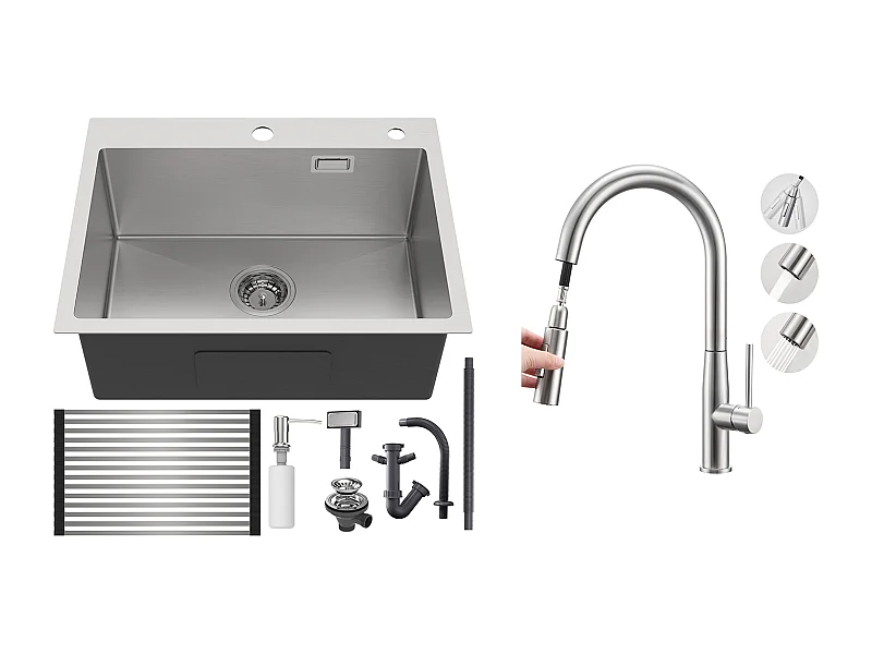 Évier Cuisine 1 Bac,58*45*18CM,Égouttoir Énroulable,Distributeur Savon+Robinet  Cuisine avec Douchette Extractible,2 Modes Jets ,Brossé