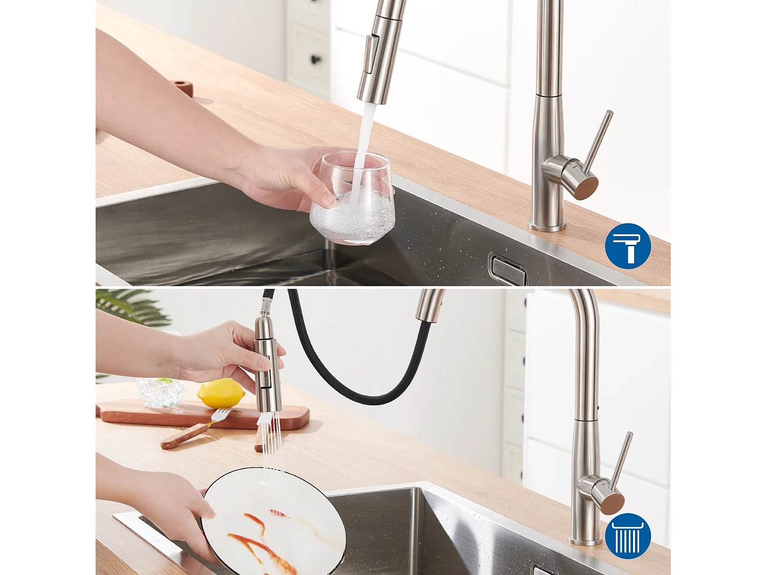 Évier Cuisine 1 Bac,58*45*18CM,Égouttoir Énroulable,Distributeur Savon+Robinet  Cuisine avec Douchette Extractible,2 Modes Jets ,Brossé